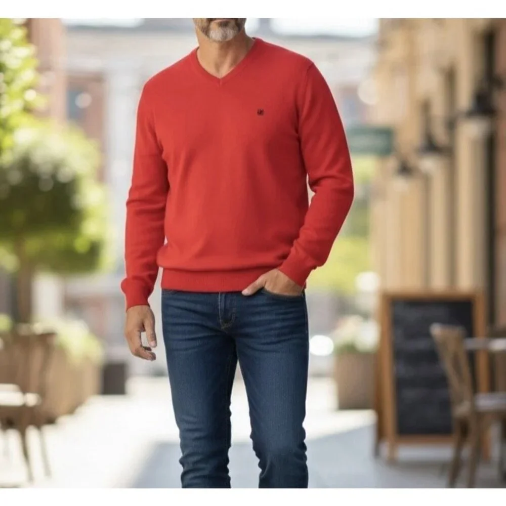 CH Carolina Herrera Men’s V-Neck Sweater Red Size XL Knit 100% Cotton Business - Picture 1 of 8